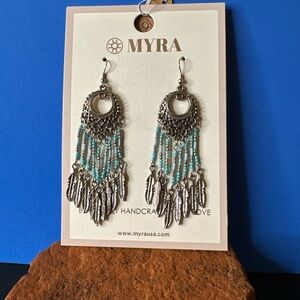 NWT Myra Bag Silver and Turquoise Beaded Feather "Cloud Dreams" Earrings